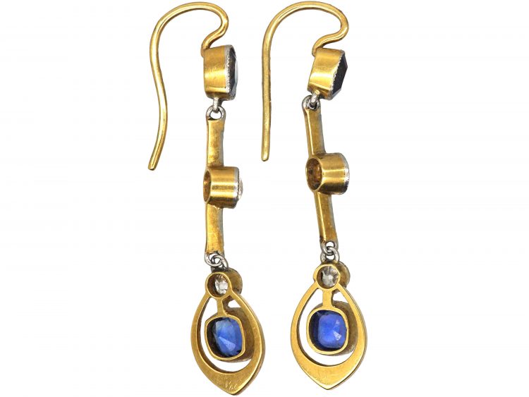 Art Deco 15ct Gold & Platinum, Sapphire & Diamond Drop Earrings
