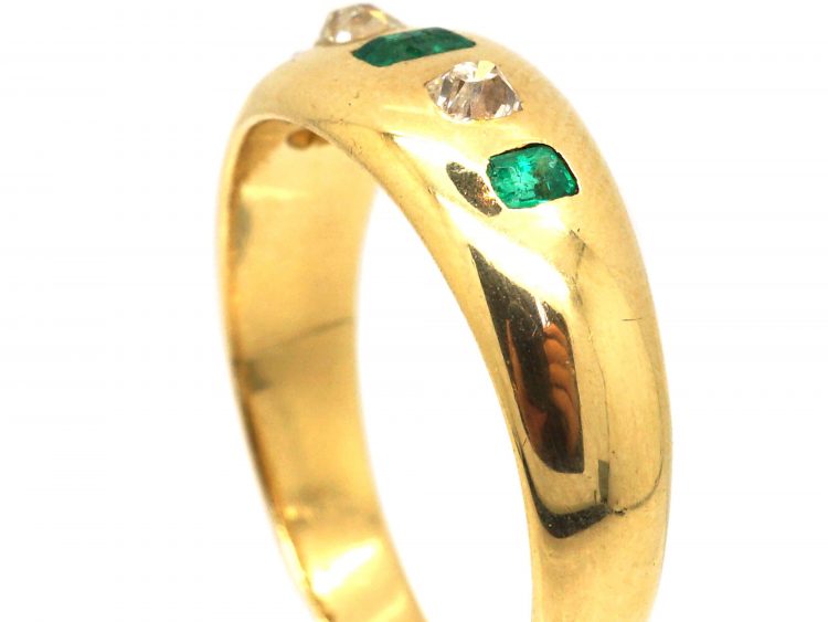 Edwardian 18ct Gold, Emerald & Diamond Rub Over Set Ring