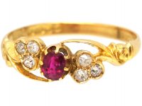 Edwardian 18ct Gold, Ruby & Diamond Trefoil Ring by Deakin & Frances