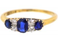 Edwardian 18ct Gold, Three Stone Sapphire Ring with Diamonds In Between