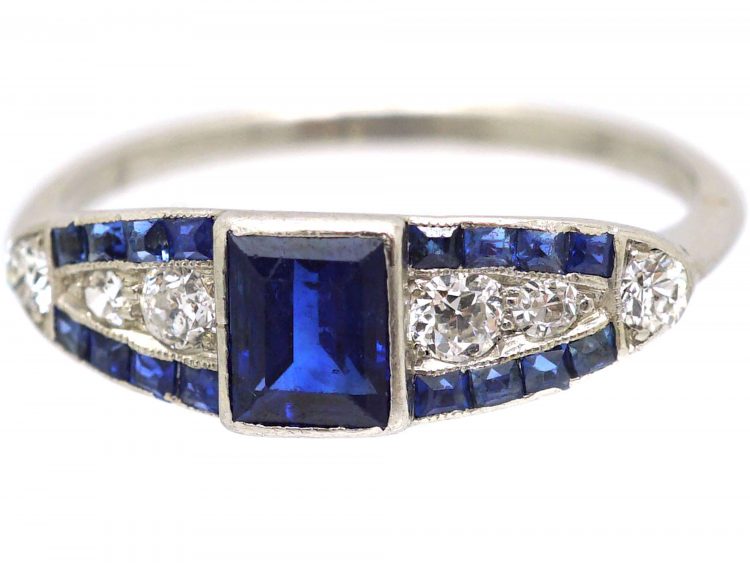 Art Deco 18ct White Gold, Sapphire & Diamond Ring