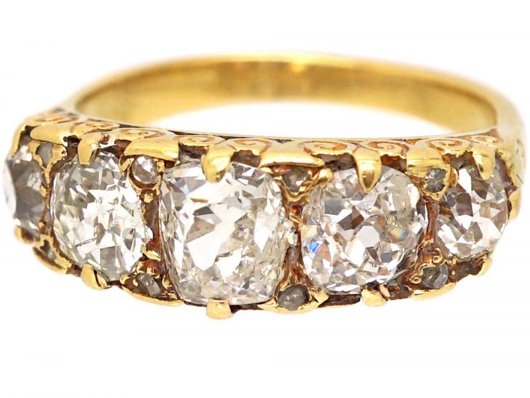 Victorian 18ct Gold, Five Stone Diamond Carved Half Hoop Ring