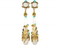 Georgian Chalcedony Drop Earrings with Three Colour 15ct Gold & Turquoise Acorn Detail