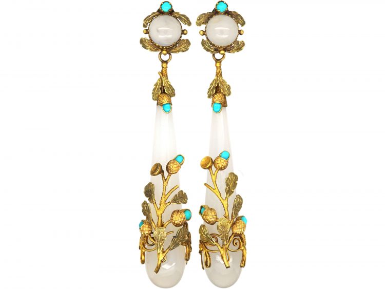 Georgian Chalcedony Drop Earrings with Three Colour 15ct Gold & Turquoise Acorn Detail