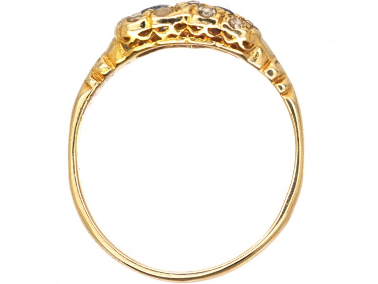 Edwardian 15ct Gold, Double Heart Ring set with Rose Cut Diamonds, a Ruby & a Sapphire