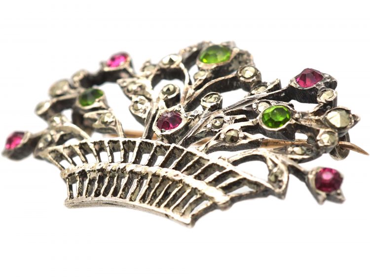 Edwardian Silver, Marcasite & Coloured Paste Giardinetti Brooch