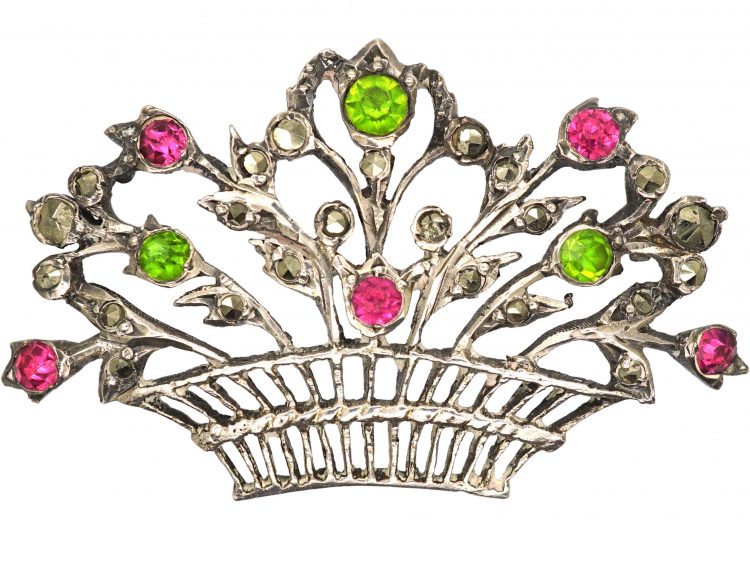 Edwardian Silver, Marcasite & Coloured Paste Giardinetti Brooch