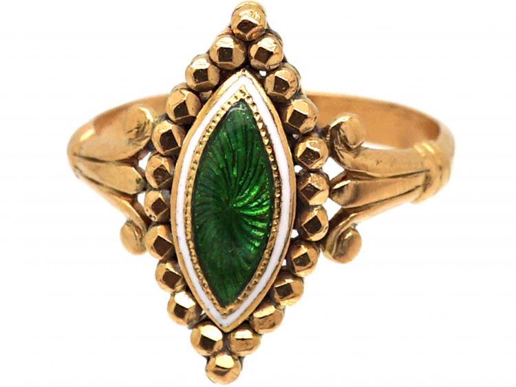 Edwardian 18ct Gold, Green & White Enamel Marquise Ring
