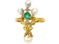 French Art Nouveau 18ct Gold, Emerald, Diamond & Natural Baroque Pearl Ring