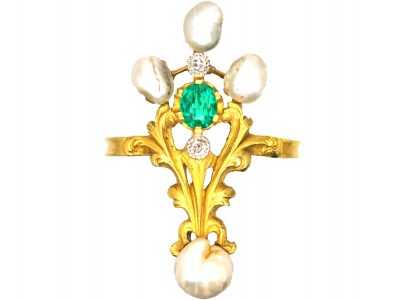 French Art Nouveau 18ct Gold, Emerald, Diamond & Natural Baroque Pearl Ring