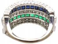 Art Deco 18ct White Gold, Diamond, Sapphire & Emerald Half Eternity Ring