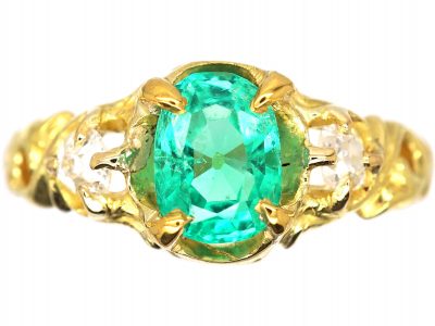 Victorian 18ct Gold, Emerald & Diamond Three Stone Ring