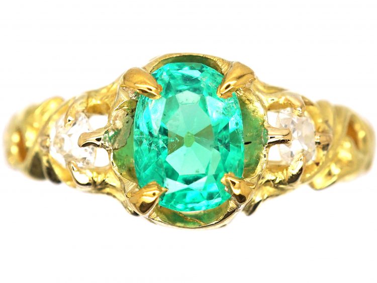 Victorian 18ct Gold, Emerald & Diamond Three Stone Ring