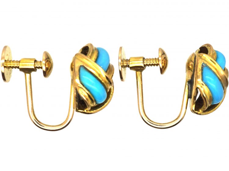 Victorian 9ct Gold Knot Earrings with Turquoise Enamel
