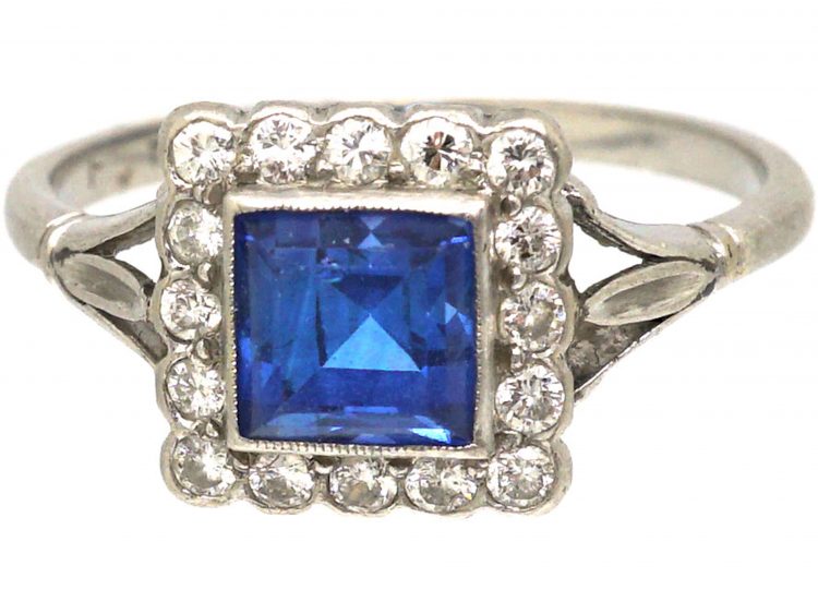 Art Deco Platinum, Sapphire & Diamond Square Ring