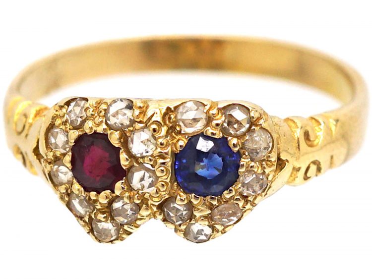 Edwardian 15ct Gold, Double Heart Ring set with Rose Cut Diamonds, a Ruby & a Sapphire