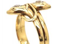 Edwardian 18ct Gold Double Snake Ring set with Two Diamonds