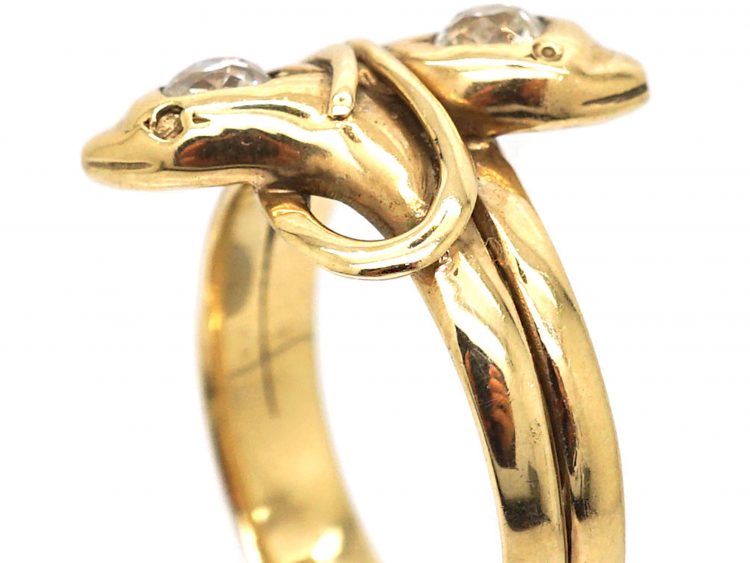 Edwardian 18ct Gold Double Snake Ring set with Two Diamonds