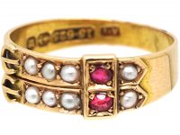 Victorian 15ct Gold Double Buckle Ring set with Natural Split Pearls & Rubies