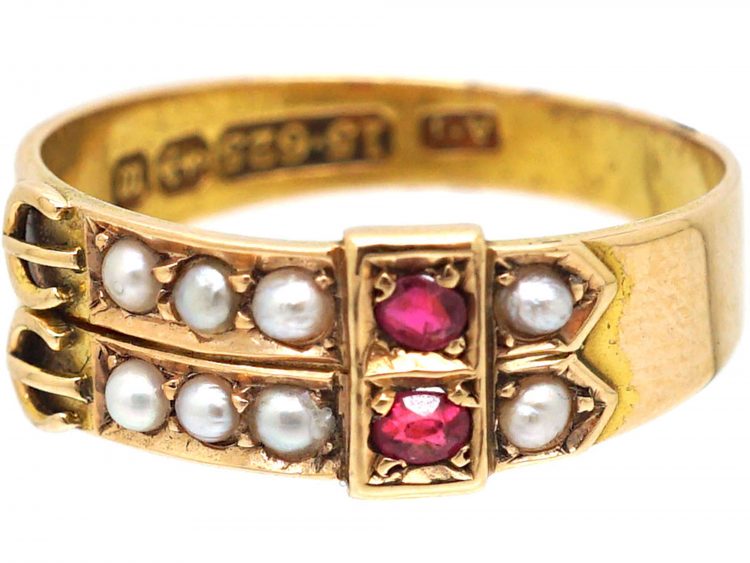 Victorian 15ct Gold Double Buckle Ring set with Natural Split Pearls & Rubies