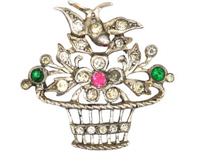 Edwardian Silver & Paste Giardinetti Brooch with Bird