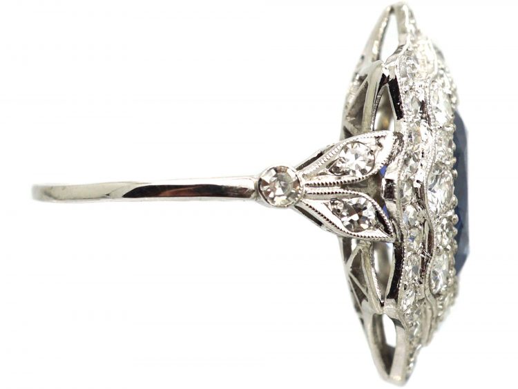 Art Deco Platinum, Unheated Burma Sapphire & Diamond Fancy Cluster Ring