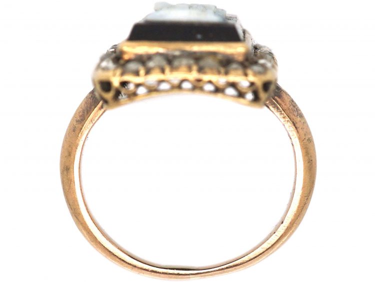 Victorian Carved Onyx Cameo Ring with Rose Diamond Border