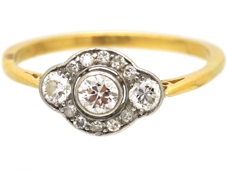 Art Deco 18ct Gold & Platinum Ring set with Three Diamonds with Smaller Diamonds Around Them