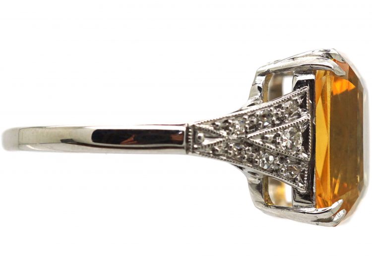 Art Deco 18ct Gold & Platinum, Citrine Ring with Diamond Set Shoulders