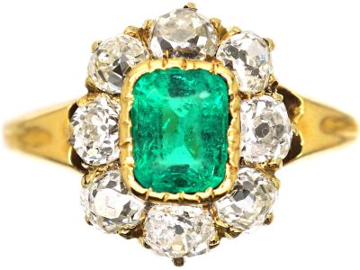 Edwardian 18ct Gold, Emerald & Diamond Cluster Ring