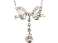 Art Deco 18ct White Gold Diamond Set Bow & Drop Pendant on 18ct White Gold Chain