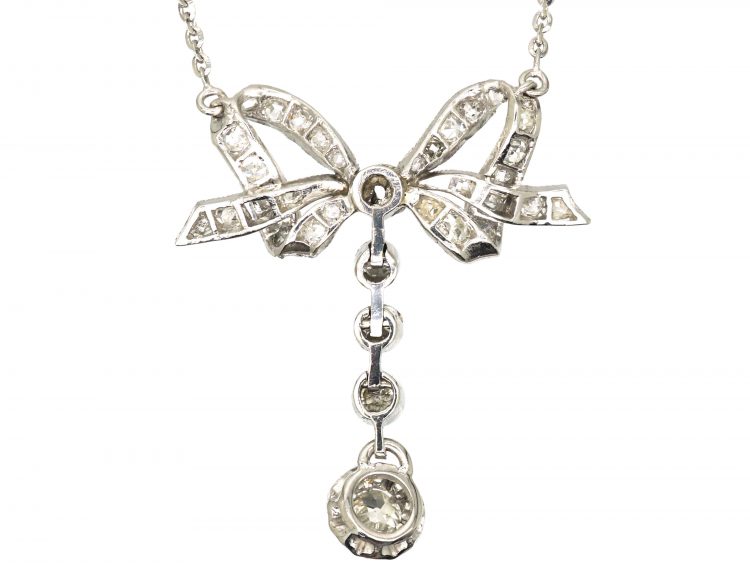 Art Deco 18ct White Gold Diamond Set Bow & Drop Pendant on 18ct White Gold Chain