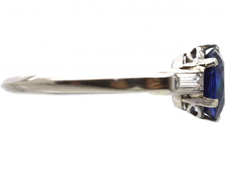 Retro 18ct White Gold & Platinum, Unheated Sapphire Solitaire Ring with Baguette Diamond Shoulders