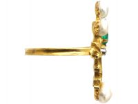 French Art Nouveau 18ct Gold, Emerald, Diamond & Natural Baroque Pearl Ring