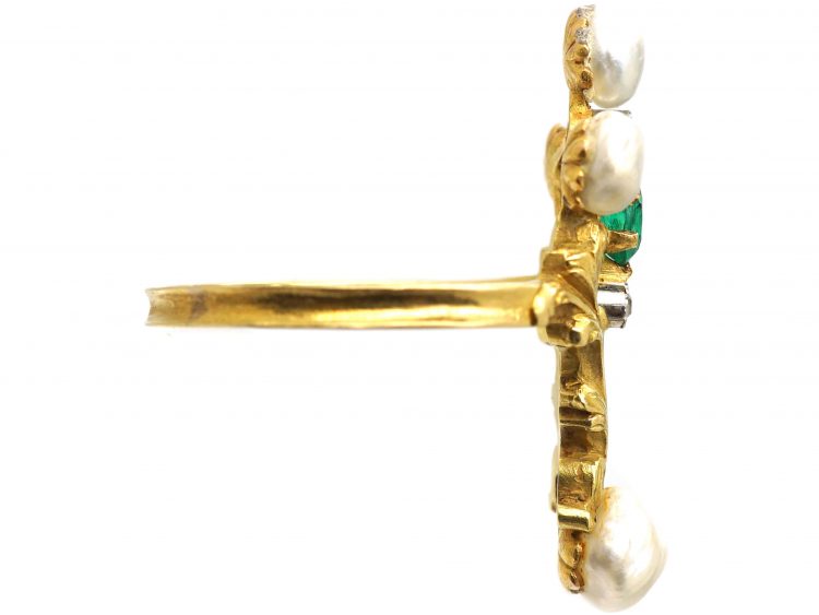 French Art Nouveau 18ct Gold, Emerald, Diamond & Natural Baroque Pearl Ring