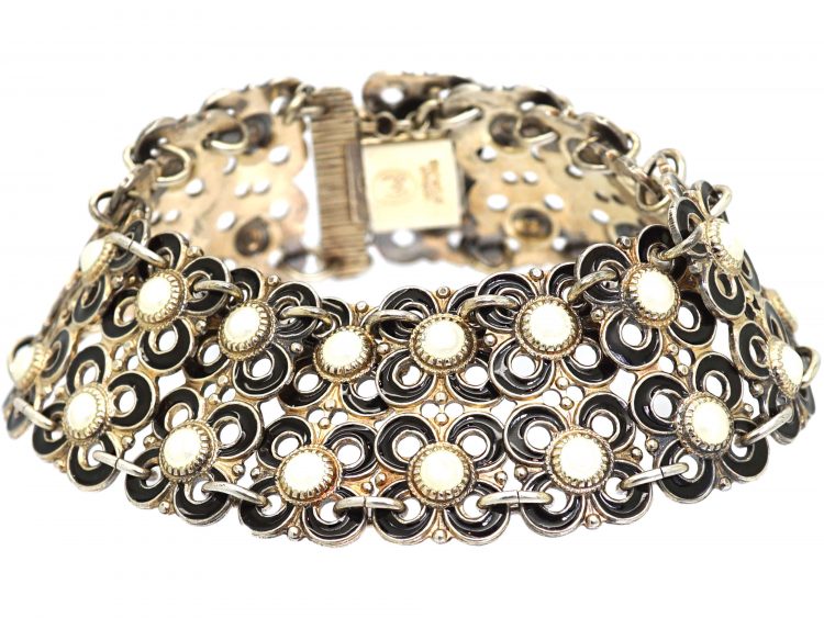1950s Silver & Black & White Enamel Bracelet by Willy Winnaess