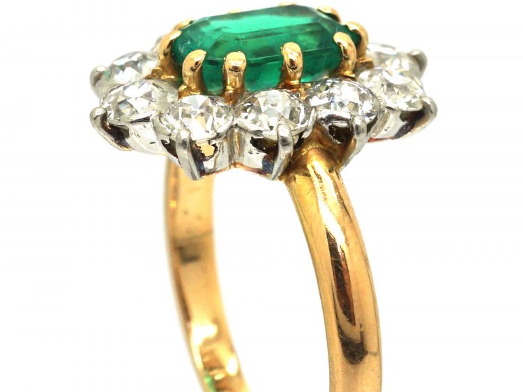 French Belle Epoque 18ct Gold, Emerald & Diamond Cluster Ring