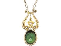 Edwardian Platinum Lyre Shaped Pendant on Chain set with a Green Sapphire & Diamonds