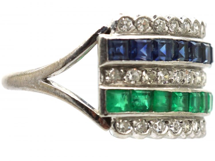 Art Deco 18ct White Gold, Diamond, Sapphire & Emerald Half Eternity Ring