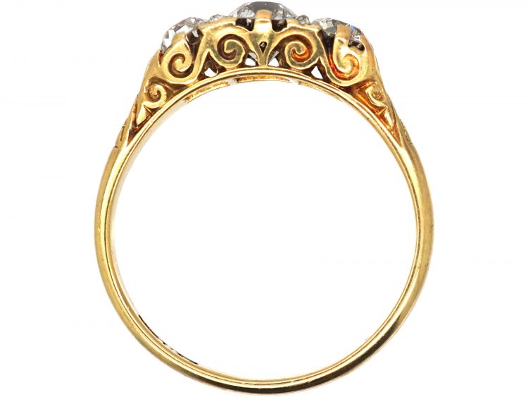 Victorian 18ct Gold, Three Stone Diamond Carved Half Hoop Ring