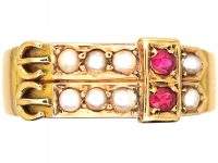 Victorian 15ct Gold Double Buckle Ring set with Natural Split Pearls & Rubies