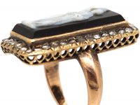 Victorian Carved Onyx Cameo Ring with Rose Diamond Border
