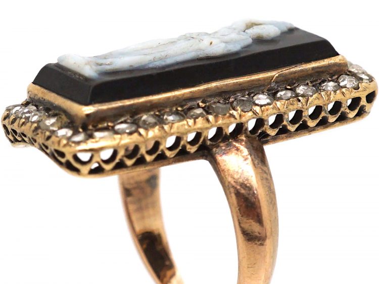 Victorian Carved Onyx Cameo Ring with Rose Diamond Border