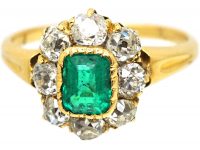 Edwardian 18ct Gold, Emerald & Diamond Cluster Ring