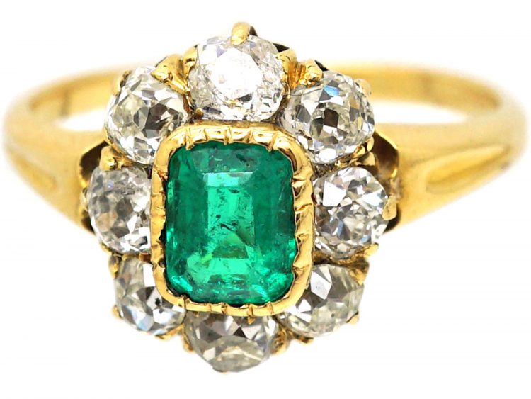Edwardian 18ct Gold, Emerald & Diamond Cluster Ring