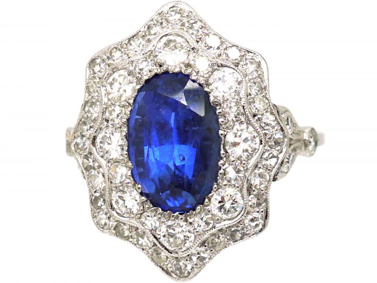 Art Deco Platinum, Unheated Burma Sapphire & Diamond Fancy Cluster Ring