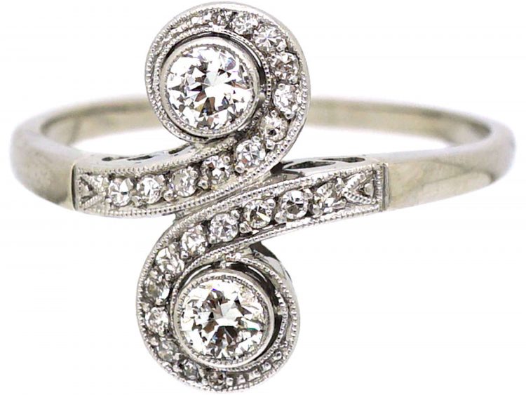 Art Deco 14ct White Gold, Platinum & Diamond Swirl Ring