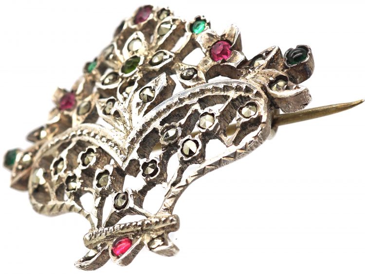 Silver, Marcasite & Coloured Paste Giardinetti Brooch