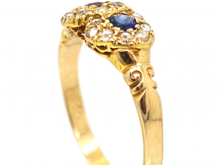 Edwardian 15ct Gold, Double Heart Ring set with Rose Cut Diamonds, a Ruby & a Sapphire