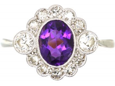 Edwardian 18ct Gold & Platinum, Amethyst & Diamond Cluster Ring
